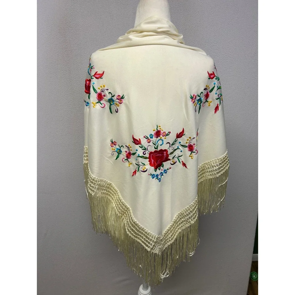 Boho Festival Flamenco  Womens OS Cream Floral Embroidered Fringe Shawl Wrap
